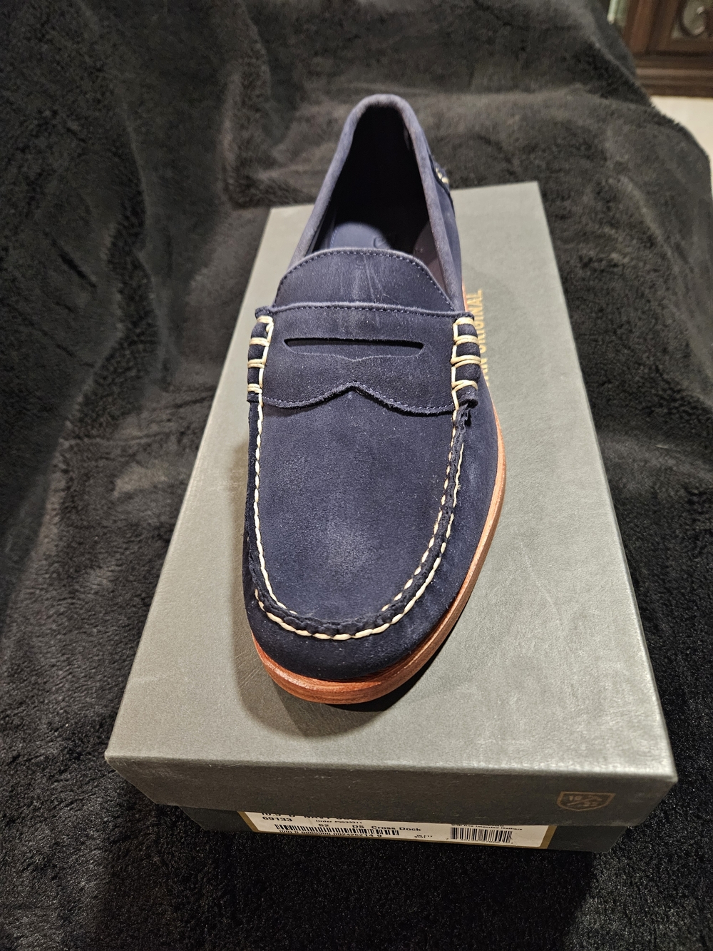 Allen Edmonds Navy Suede Penny Loafers with Tan Sole